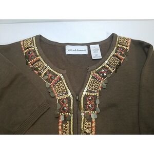 Alfred Dunner Womens Cardigan Sweater Brown Zip Front Short Sleeve‎ Beaded Large